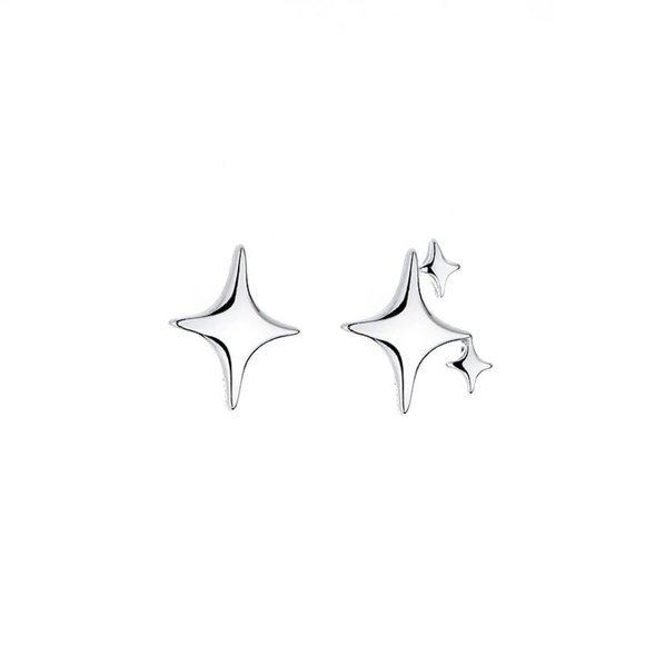 NEW S925 Sterling Silver Asymmetrical Four Point Star Stud Earrings - Picture 8 of 8